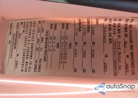 2003 Ford E-350 Super Duty Recreational из США, поврежденный, VIN 1FDSE34L73HA88496